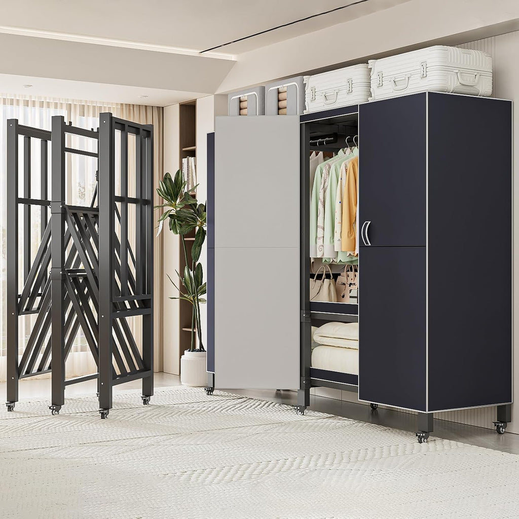 Heavy Duty Covered Clothes Rack with Magnetic Door Foldable Portable Wardrobe Closet for Hanging Clothing Rolling Black Metal Garment Rack on Wheels Closet System (Navy Blue, 49in)