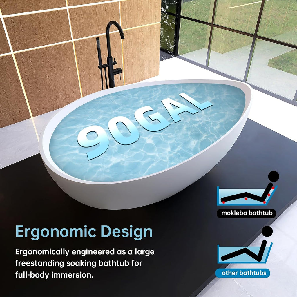 63' Wave Shape Freestanding Bathtub, Solid Surface Matte White | Modern Stand Alone Tub, Resin Stone, Overflow and Drain Saoking Bath Tub