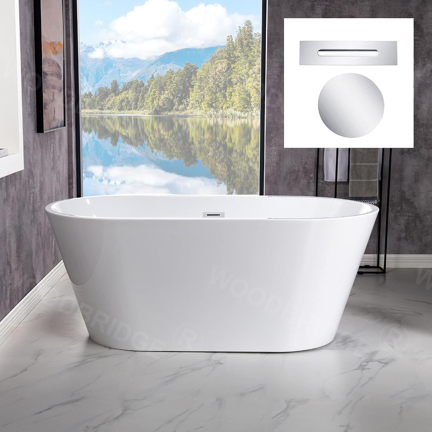 WOODBRIDGE 54' Acrylic Freestanding Bathtub Contemporary Soaking White Tub with Chrome Overflow and Drain,BTA1702-C-Drain &O
