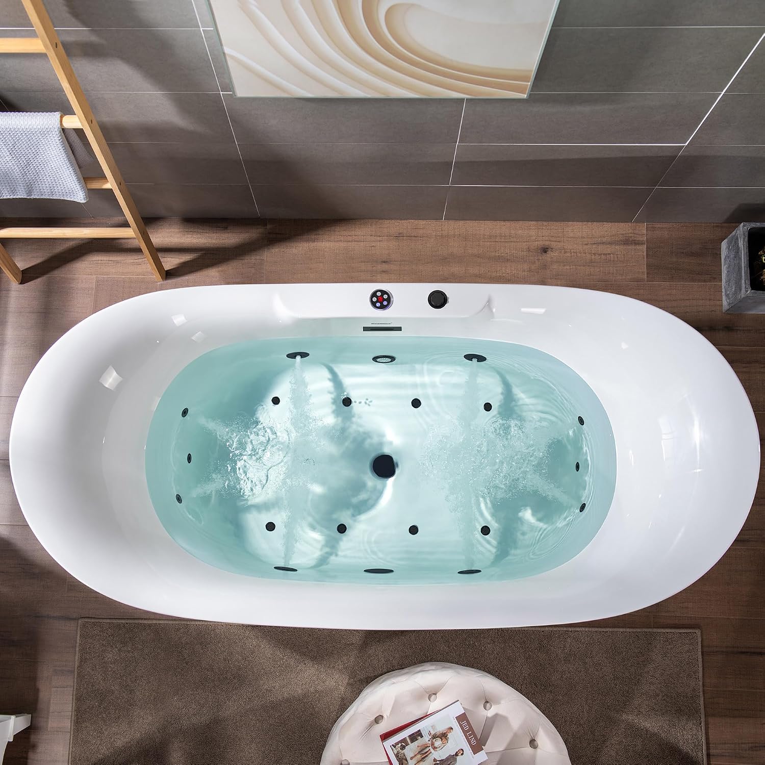 WOODBRIDGE 72' x 35-3/8' Whirlpool Water Jetted and Air Bubble Freestanding Heated Soaking Combination Bathtub with LED control panel,Matte Black drain and overflow,BM400