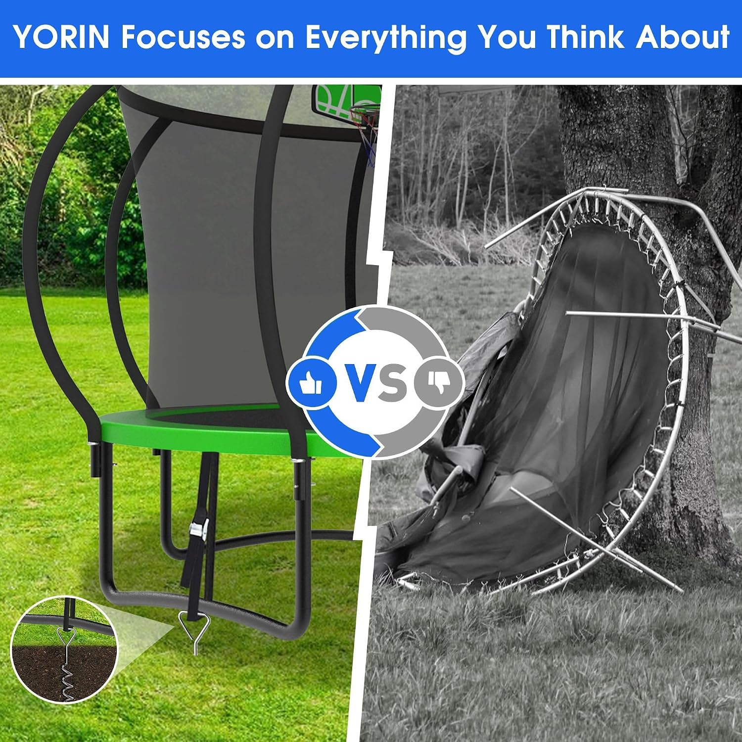 YORIN Outdoor Backyard Bouncer with Basketball Hoop, Light and Sprinkler, Heavy Duty Jumping Set for Kids & Adults, 10FT 12FT 14FT 15FT 16FT, 1500LBS Capacity, ASTM Certified, Galvanized Steel Frame