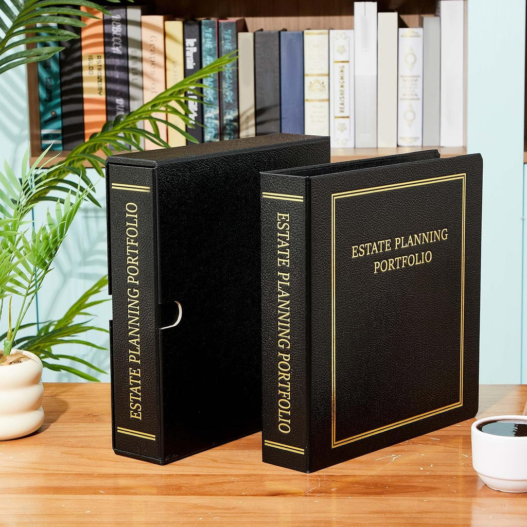 Feifeiya 8 Pcs Black Estate Planning Portfolio Binders with Gold Title in Case I Die Organizer with Index Tabs and Cardboard Slipcase 3 Ring Binders 11.5 x 11 x 2.5 Inches