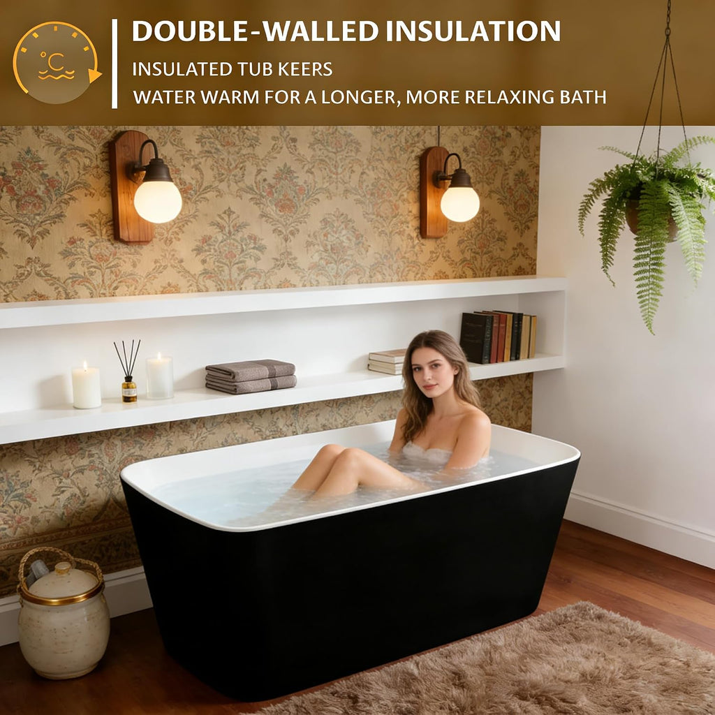 49' Modern Acrylic Freestanding Bathtub, Deep Soaking Stand Alone Tub with Chrome Overflow and Drain, Comfortable Small Space Tub, Black