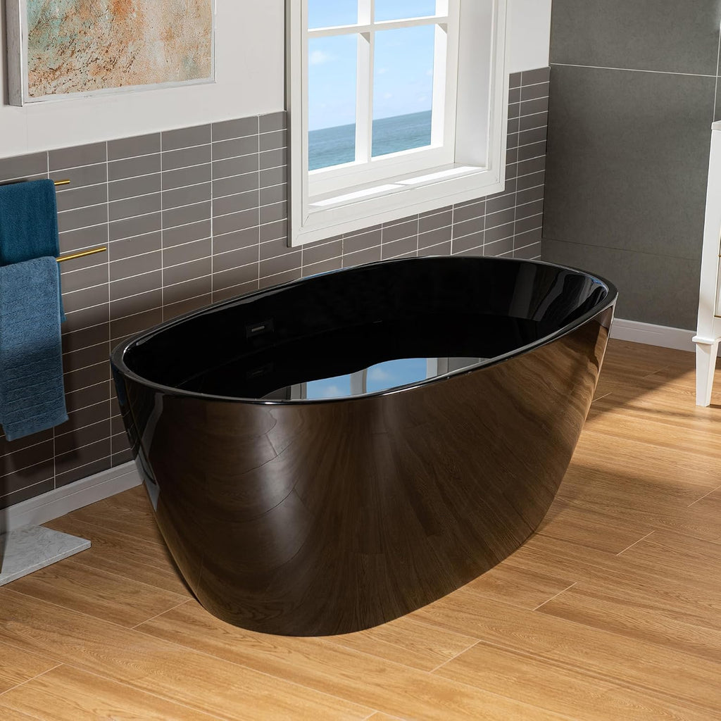 WOODBRIDGE 59' L x 31-1/2' W Freestanding Modern Acrylic Soaking Bathtub in Glossy Black Inside and Matte Black Drain & Overflow
