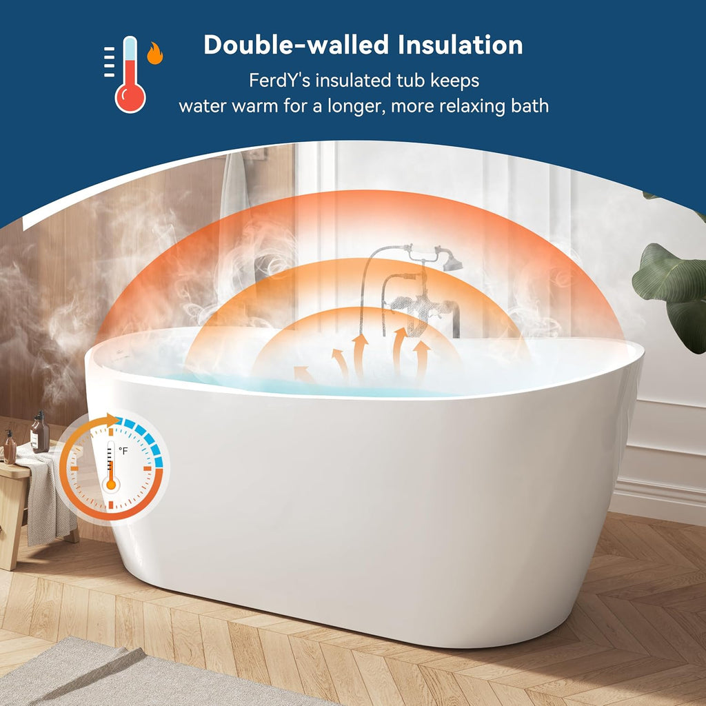 FerdY Lana'i 67' Freestanding Bathtub, Gracefully Shaped Freestanding Soaking tub, Glossy White, cUPC Certified, Brushed Nickel Drain Assembly Included