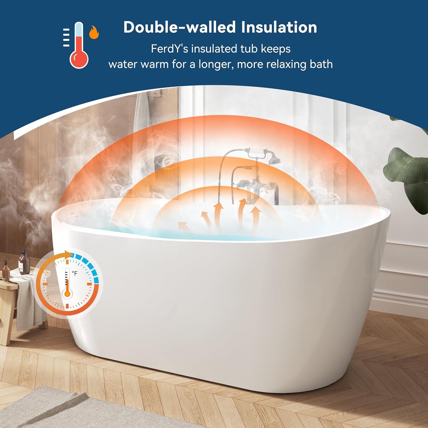 FerdY Lana'i 67' Freestanding Bathtub, Gracefully Shaped Freestanding Soaking tub, Glossy White, cUPC Certified, Brushed Nickel Drain Assembly Included