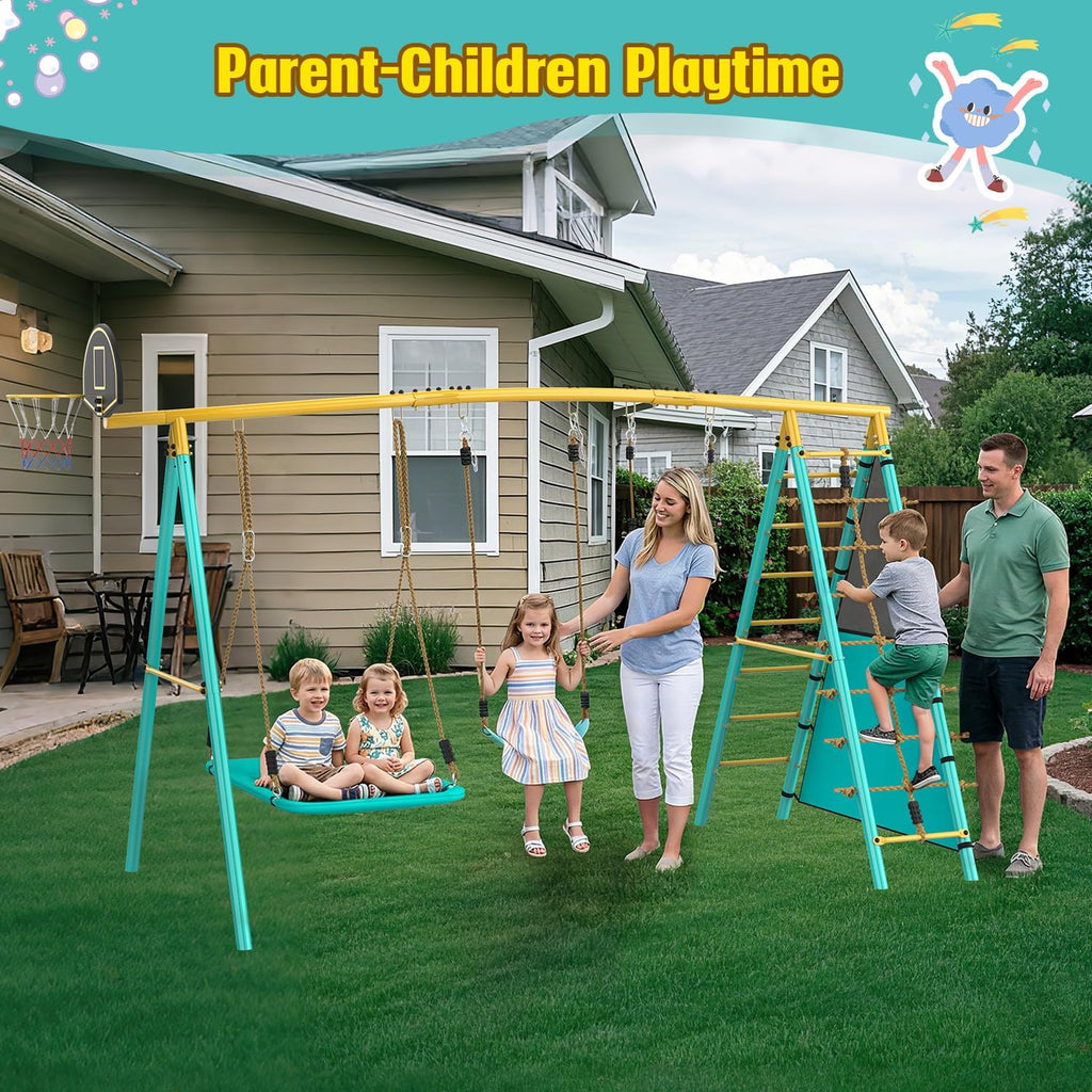 Jocoevol Swing Set for Backyard, Heavy-Duty Metal Swing Sets for Kids with 2 Swings, Climbing Ladder and Nets,Trapeze Bar, Soccer Goals and Basketball Hoop Up to 660lbs