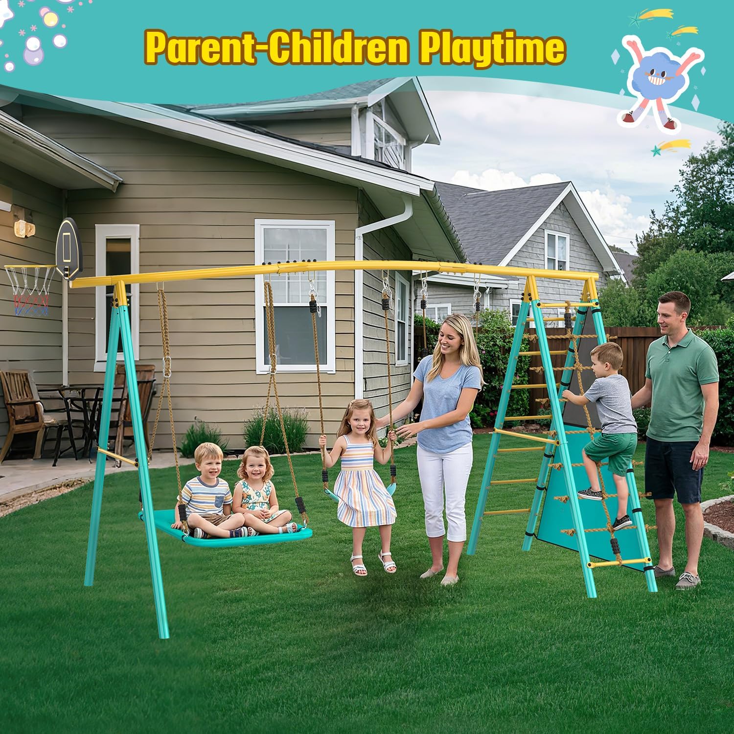 Jocoevol Swing Set for Backyard, Heavy-Duty Metal Swing Sets for Kids with 2 Swings, Climbing Ladder and Nets,Trapeze Bar, Soccer Goals and Basketball Hoop Up to 660lbs