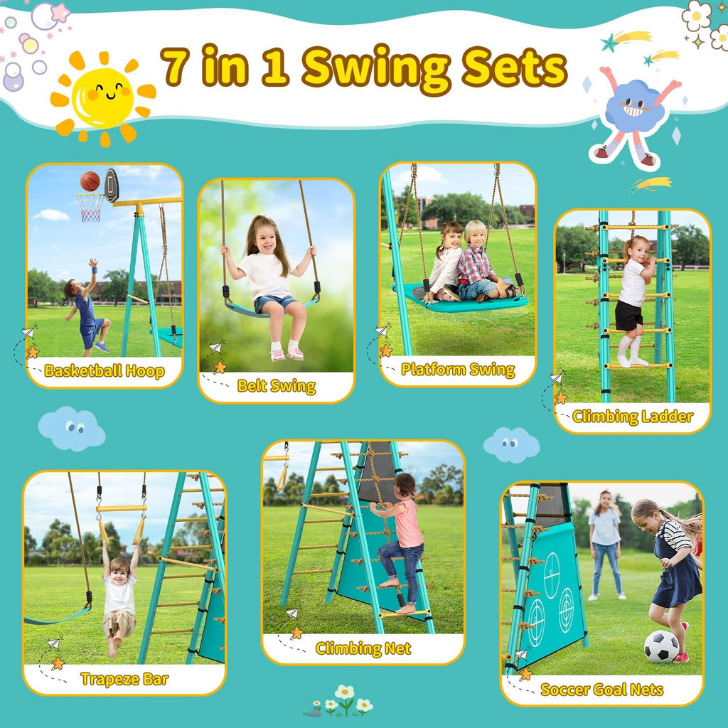 Jocoevol Swing Set for Backyard, Heavy-Duty Metal Swing Sets for Kids with 2 Swings, Climbing Ladder and Nets,Trapeze Bar, Soccer Goals and Basketball Hoop Up to 660lbs