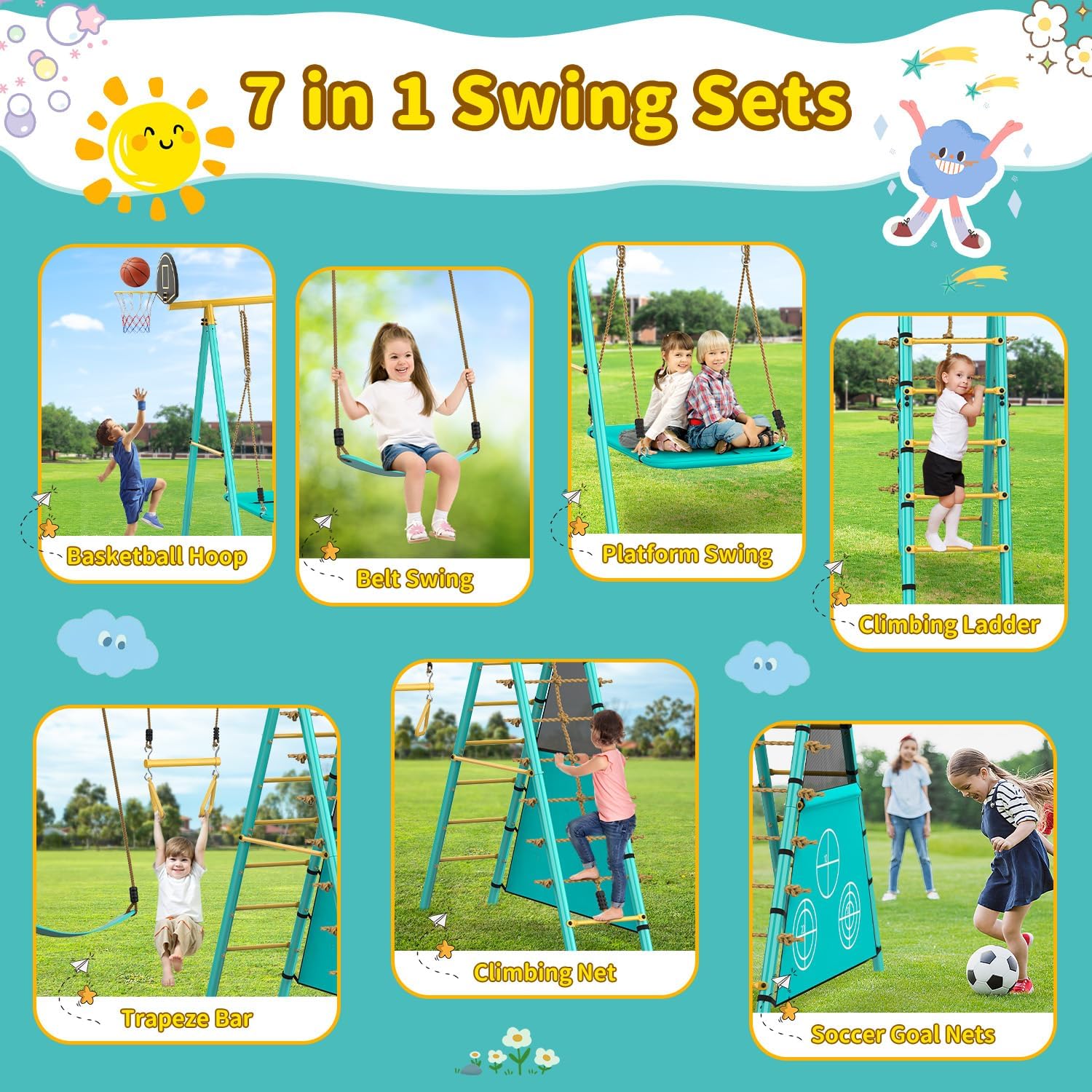 Jocoevol Swing Set for Backyard, Heavy-Duty Metal Swing Sets for Kids with 2 Swings, Climbing Ladder and Nets,Trapeze Bar, Soccer Goals and Basketball Hoop Up to 660lbs