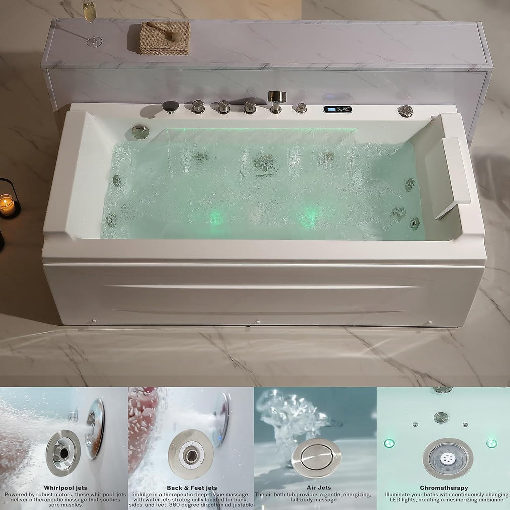 Empava Acrylic Whirlpool Bathtub, 71-Inch Jetted Bathtub with Healing Chromotherapy, Heated tub with LED Control Panel, Comforting Hydro Massage Tub with Waterfall, Brushed Nickel Hardware and Nozzles