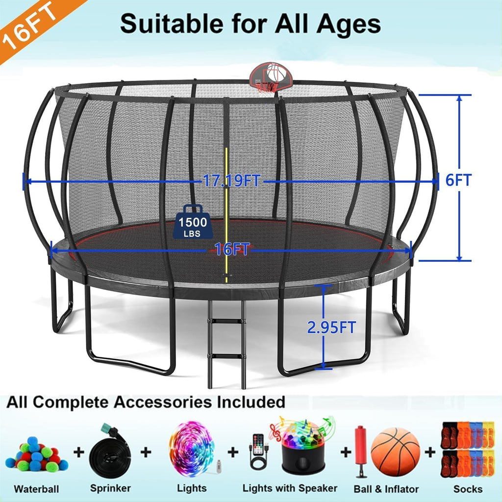 1500LBS 16FT 15FT 14FT 12 FT 10FT 8FT Tranpoline for Kids and Adults with Sprinkler, Lights with Music Speaker, Socks, Water Ball, Heavy Duty Outdoor Tranpoline with Net Enclosure and Ladder