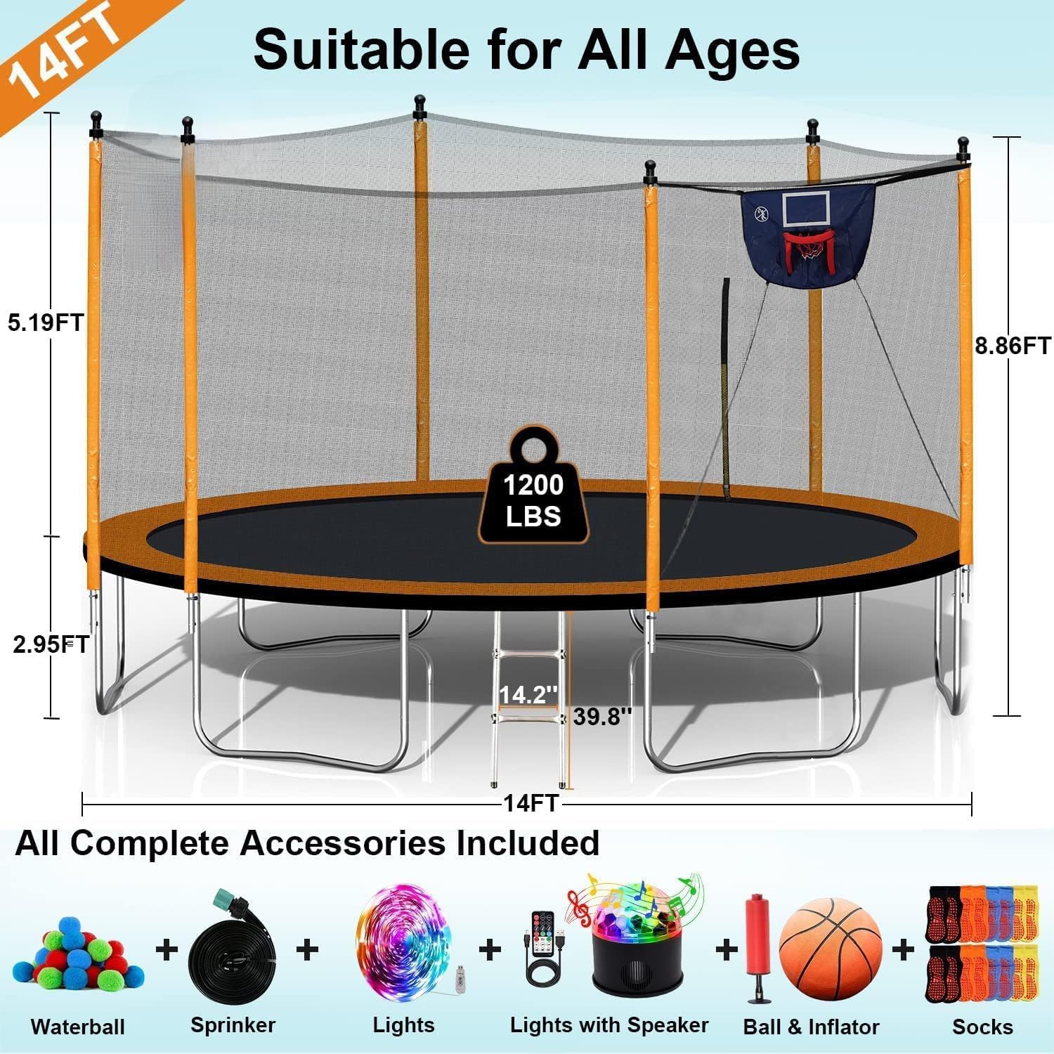 1500LBS 16FT 15FT 14FT 12 FT 10FT 8FT Tranpoline for Kids and Adults with Sprinkler, Lights with Music Speaker, Socks, Water Ball, Heavy Duty Outdoor Tranpoline with Net Enclosure and Ladder