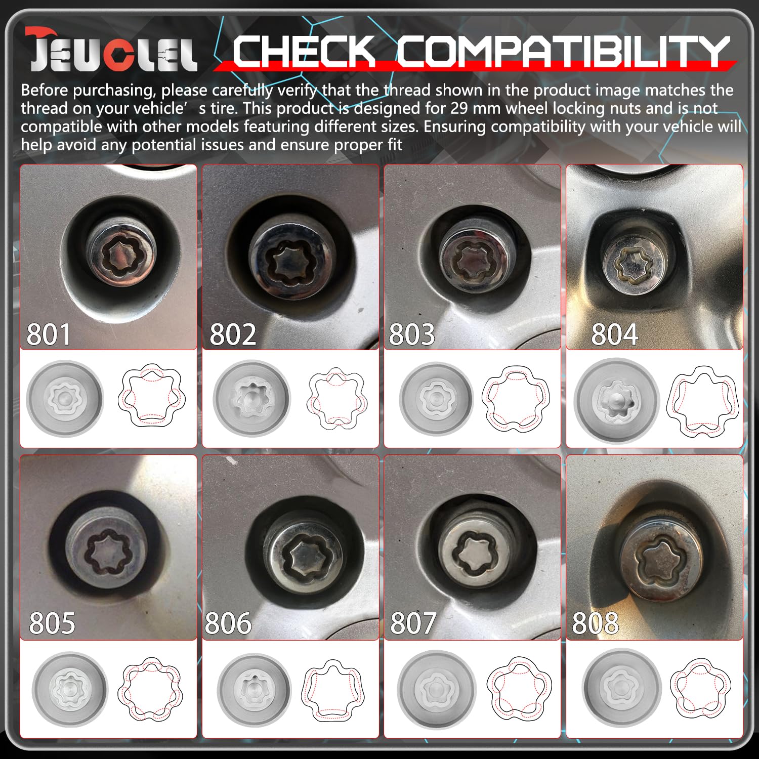 8PCS Wheel Lock Nut Remover Kit for Jeep Renegade Wrangler Cherokee Dodge Journey 2016-2020, 29mm Lock Bolt Inner Dia Anti-Theft Lug Nut Removal Tool