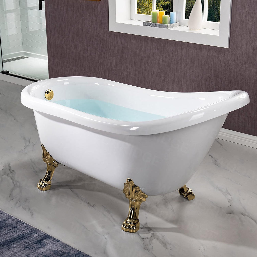 WOODBRIDGE 59' Heavy Duty Acrylic Slipper Clawfoot Bath Tub with Polished Gold Feet + Polished Gold Drain &Overflow