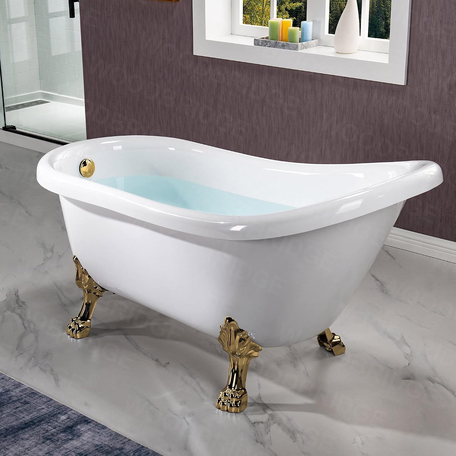 WOODBRIDGE 59' Heavy Duty Acrylic Slipper Clawfoot Bath Tub with Polished Gold Feet + Polished Gold Drain &Overflow