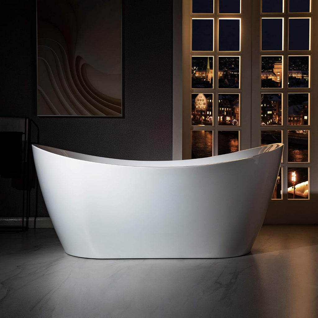 WOODBRIDGE 67' Acrylic Freestanding Bathtub Contemporary Soaking Tub, White Acrylic (Brushed Nickel Drain/Overflow),B-0010 B/N-Drain &O