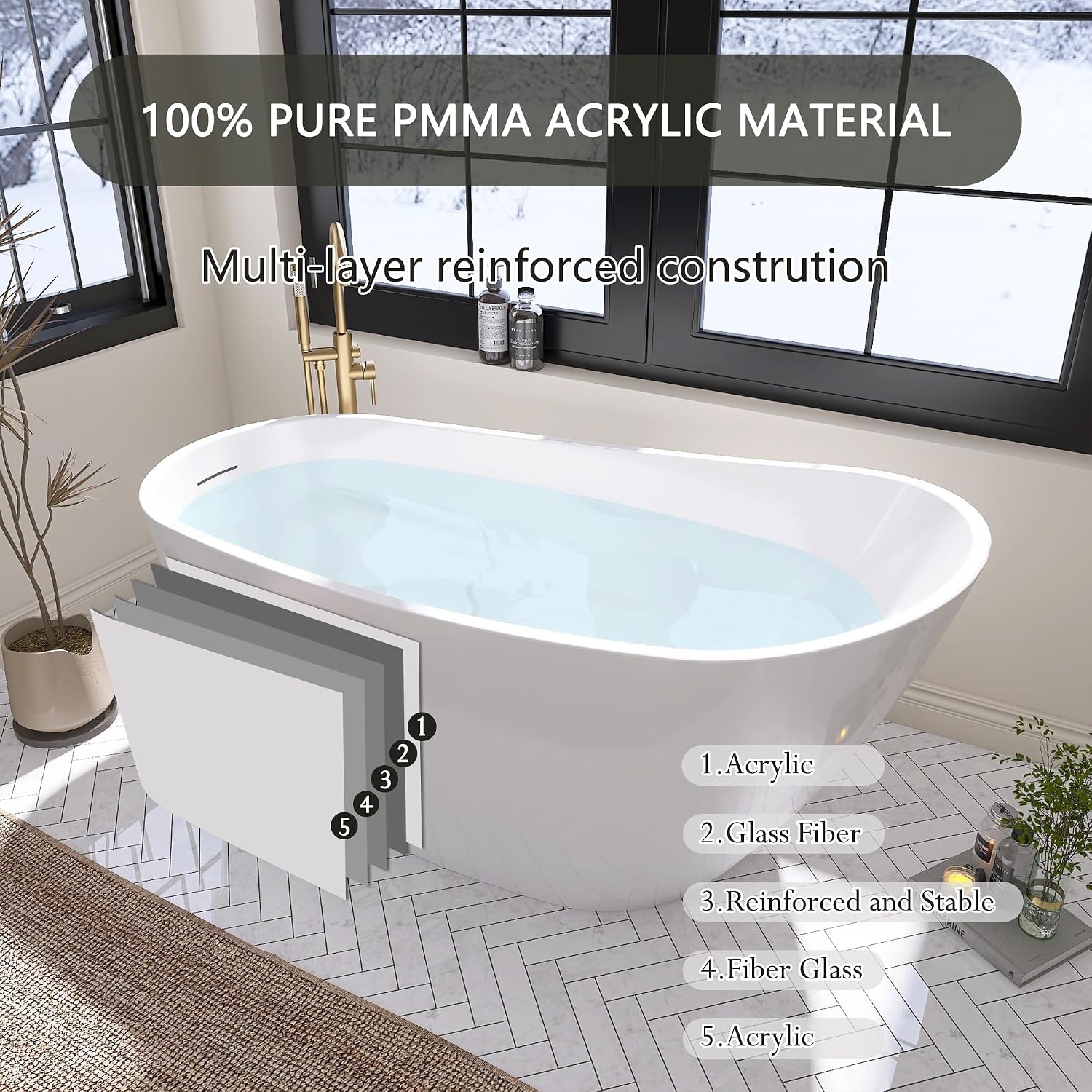 59' Free Standing Tub, Pure Acrylic Freestanding Bathtub, Stylish Stand Alone Contemporary Deep Soaking Bath Tub, cUPC Certified SY9950 (Glossy White)