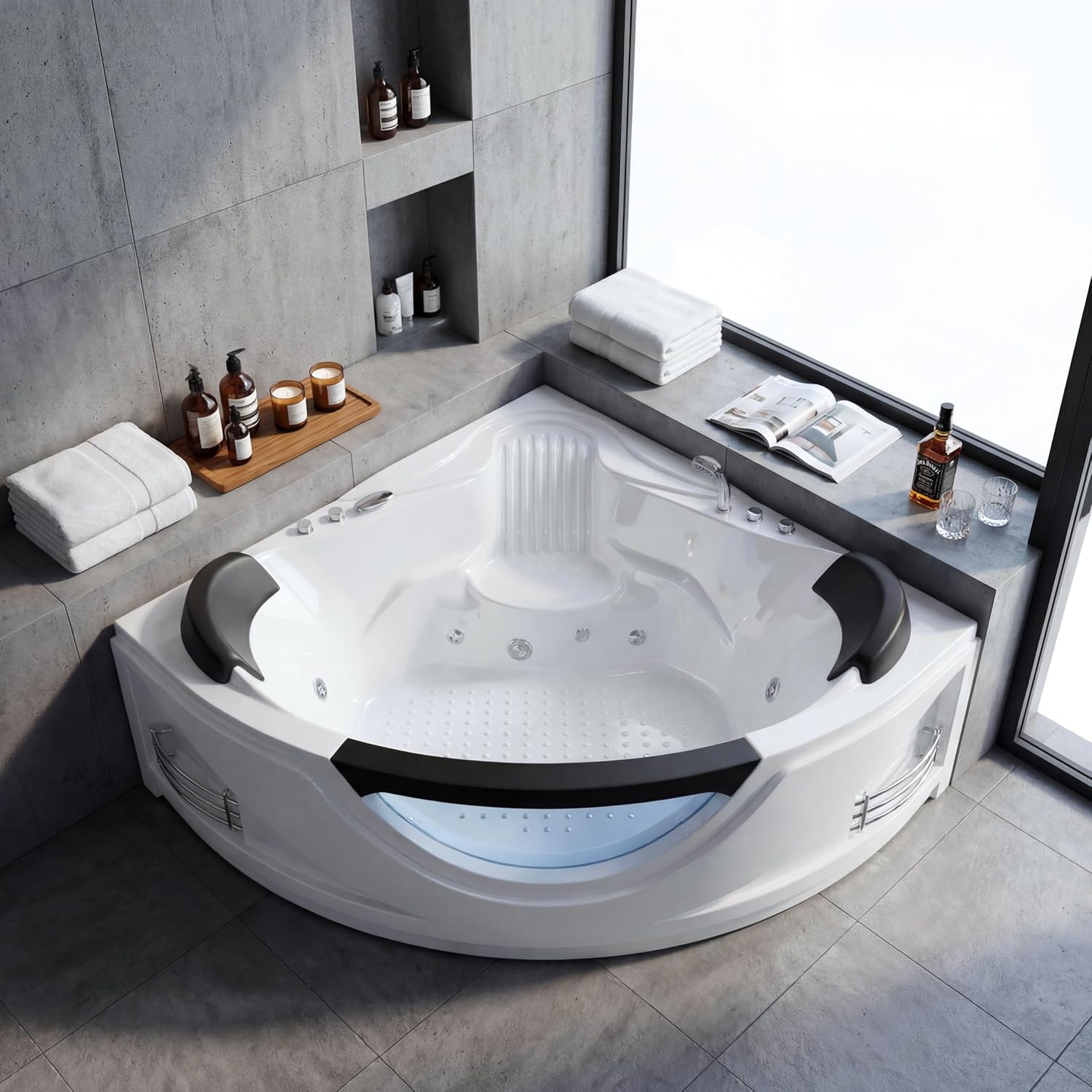 59x59 Inch Corner Bathtub for 2 Person, 6 Jet Whirlpool Tub withChromatherapy LED Lights, Acrylic Soaking Tub with Hydro Massage, Includes Faucet & 2 Bath Pillows (white-2)