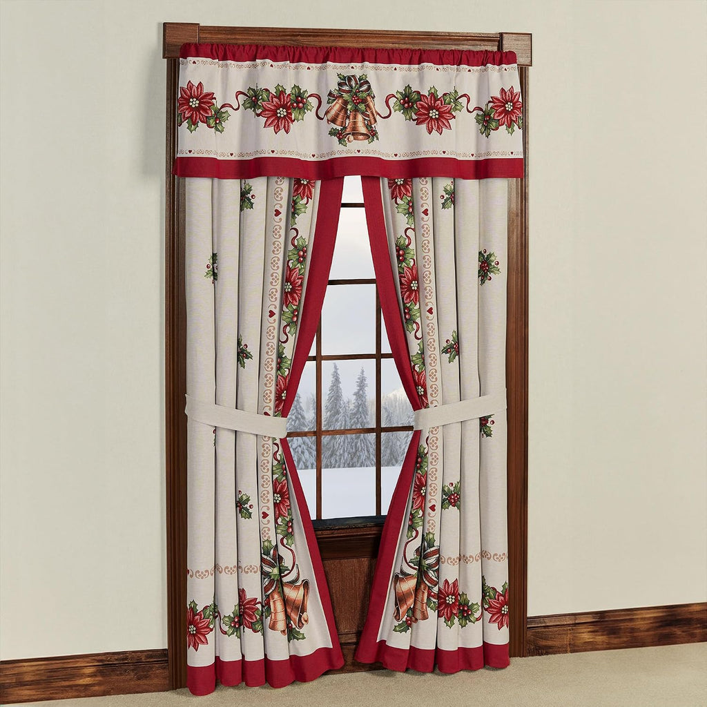 Holiday Bells Luxury Window Treatment | Lightweight Woven Jacquard Tapestry Style Christmas Curtains Valance | Gold Bells Poinsettia Flowers Holly Leaf | Festive Tailored Valance Curtain Pair Drapery