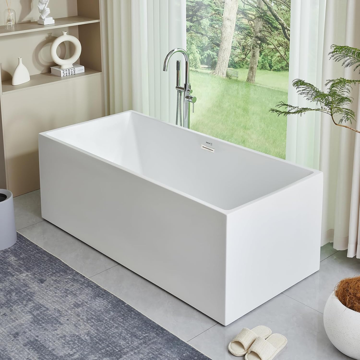 Vanity Art 67 X 32 Inch White Acrylic Freestanding Bathtub | Contemporary Design Soaking Tub with Pop-up Drain Overflow Included, UPC Certified VA6813B-L-BN