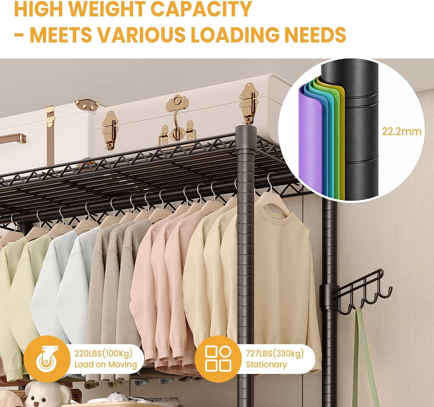 3-Tier Rolling Garment Rack, Heavy Duty Clothing Organizer with Adjustable Shelves & Dual Hanging Rods, Freestanding Metal Rack with Locking Casters for Bedroom, Closet, Dorm, Laundry Room - Black