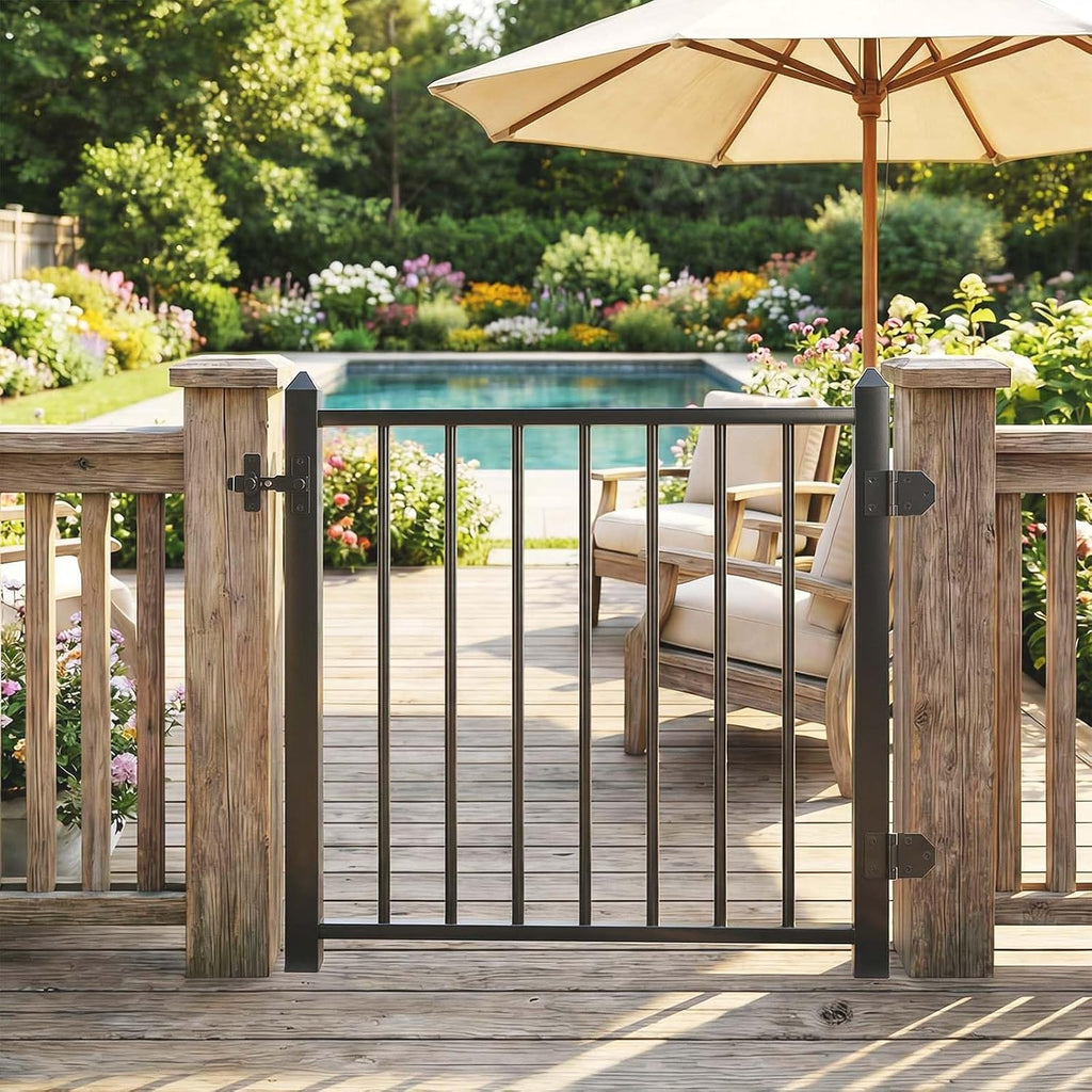 Deck Railing Gate Stainless Steel Black Textured Powder-Coat Finish Deck Gate Kit with Latch for Deck,Garden,Yard, Porch,Patio (Black, Left Hand in Swing)