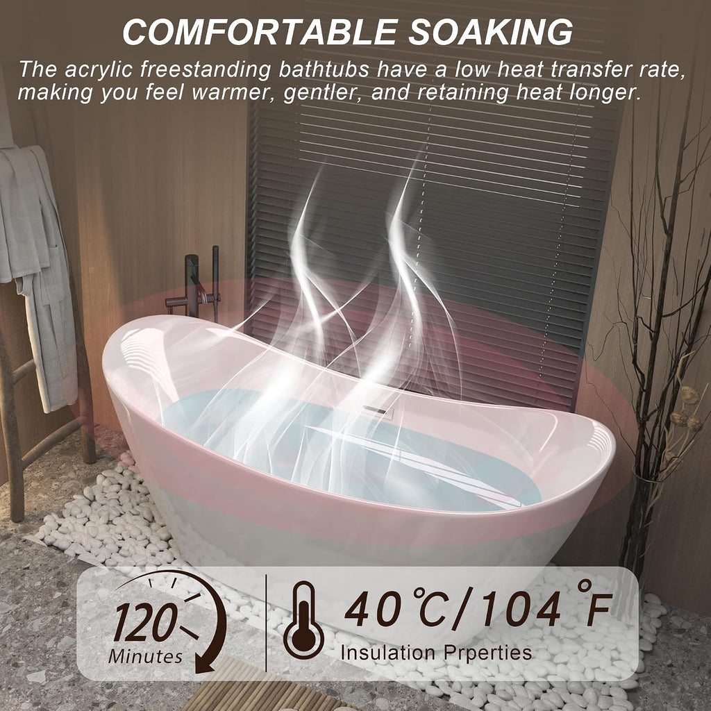 Zavdz 59'' Gloss White Freestanding Acrylic Bathtub, Soaking Tub with Chrome Overflow & Pop-Up Drain, CUPC Certified, Easy Install & Spacious Design
