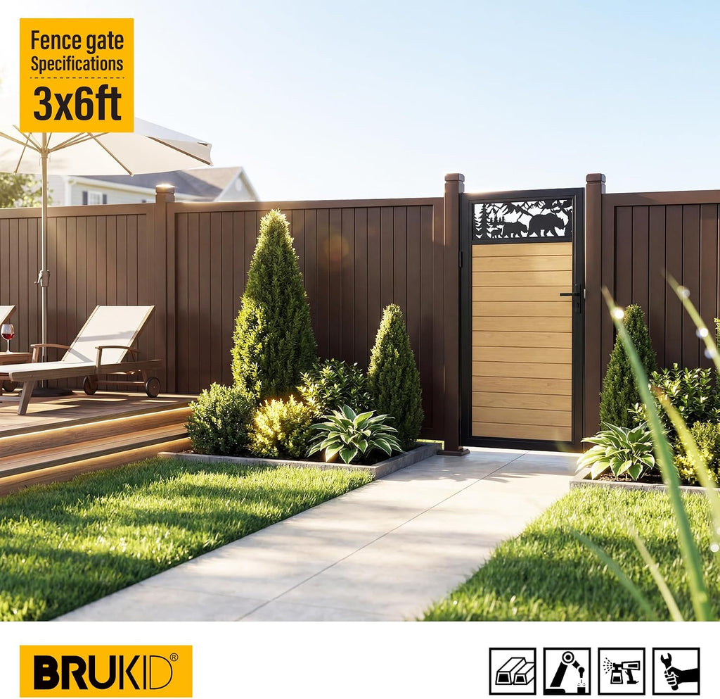 3x6 FT Aluminum Fence Gate Kit Wood Grain Aluminum Gate with Decorative Cutout, Lock & Hinges, Left/Right Opening, Weather Resistant for Yard Garden Patio