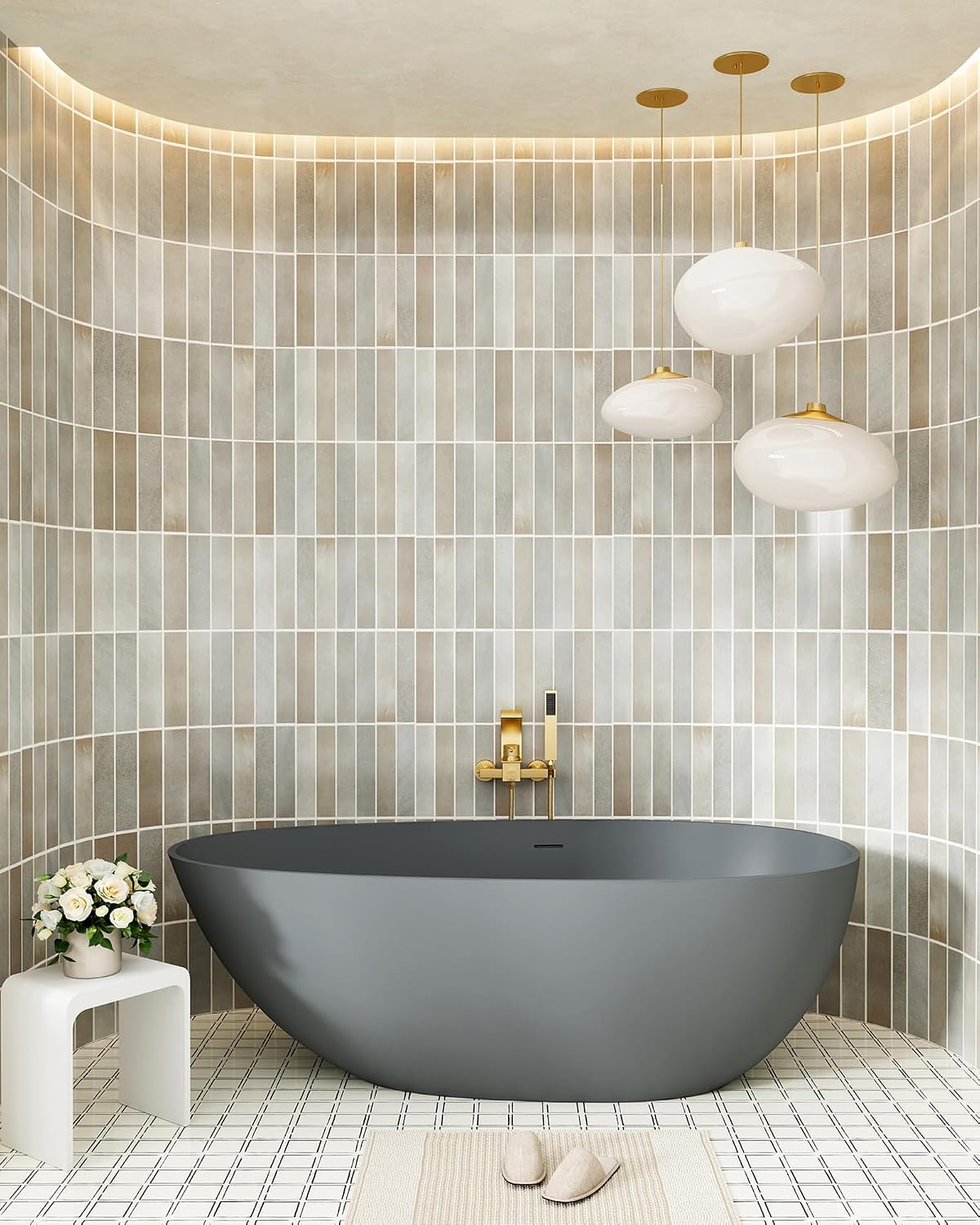 CASAINC 59' Solid Surface Freestanding Bathtub Egg-Shaped Stone Resin Freestanding Tub Matte Grey Stand-Alone Tub with Drain, Drain Hose & Sanding Paper