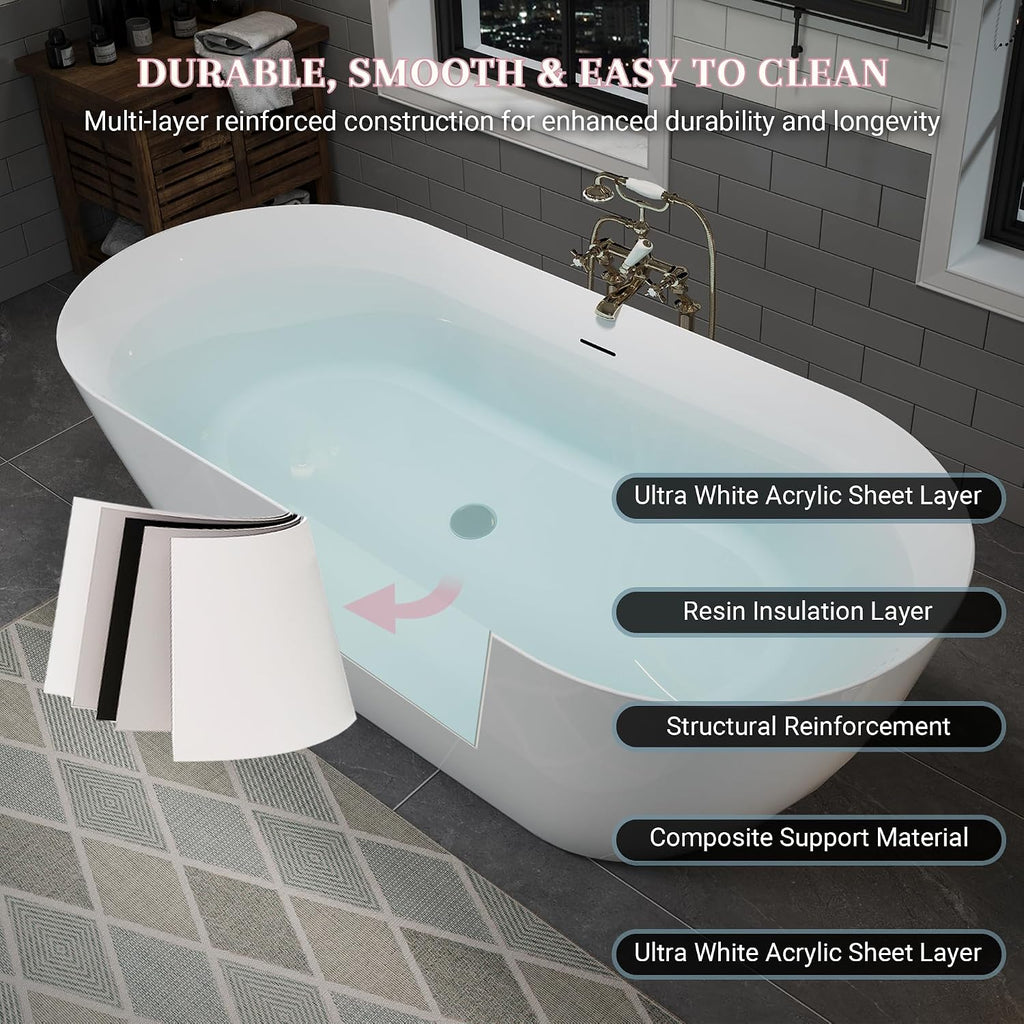 Abruzzo 60' Glossy White Acrylic Freestanding Bathtub | 60-inch cUPC certified oval deep soaking tub. Features pre-installed center drain and built-in adjustable feet