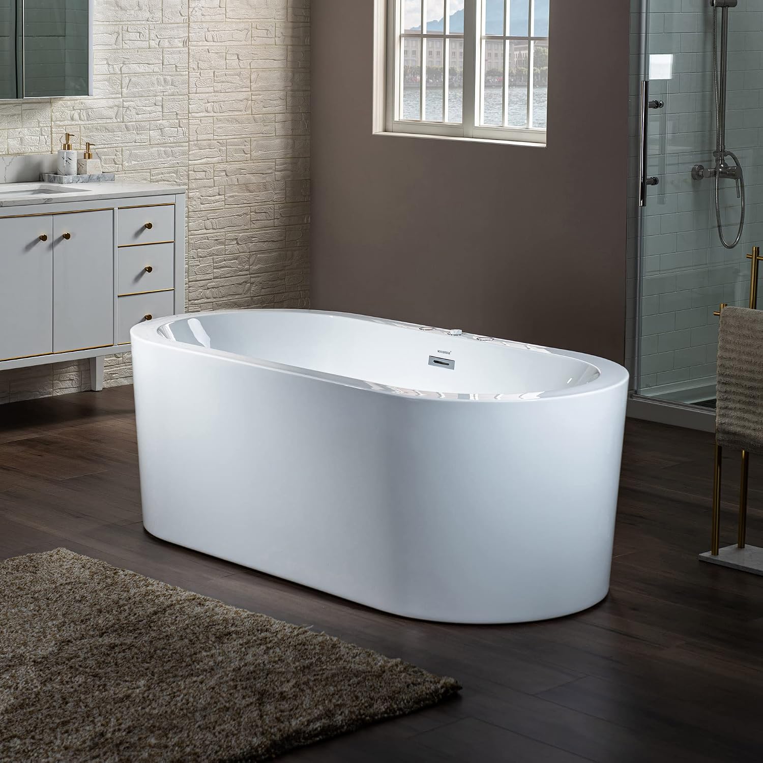 WOODBRIDGE 66-1/2' x 31-7/8' Whirlpool Water Jetted and Air Bubble Freestanding Heated Soaking Combination Bathtub, BJ200