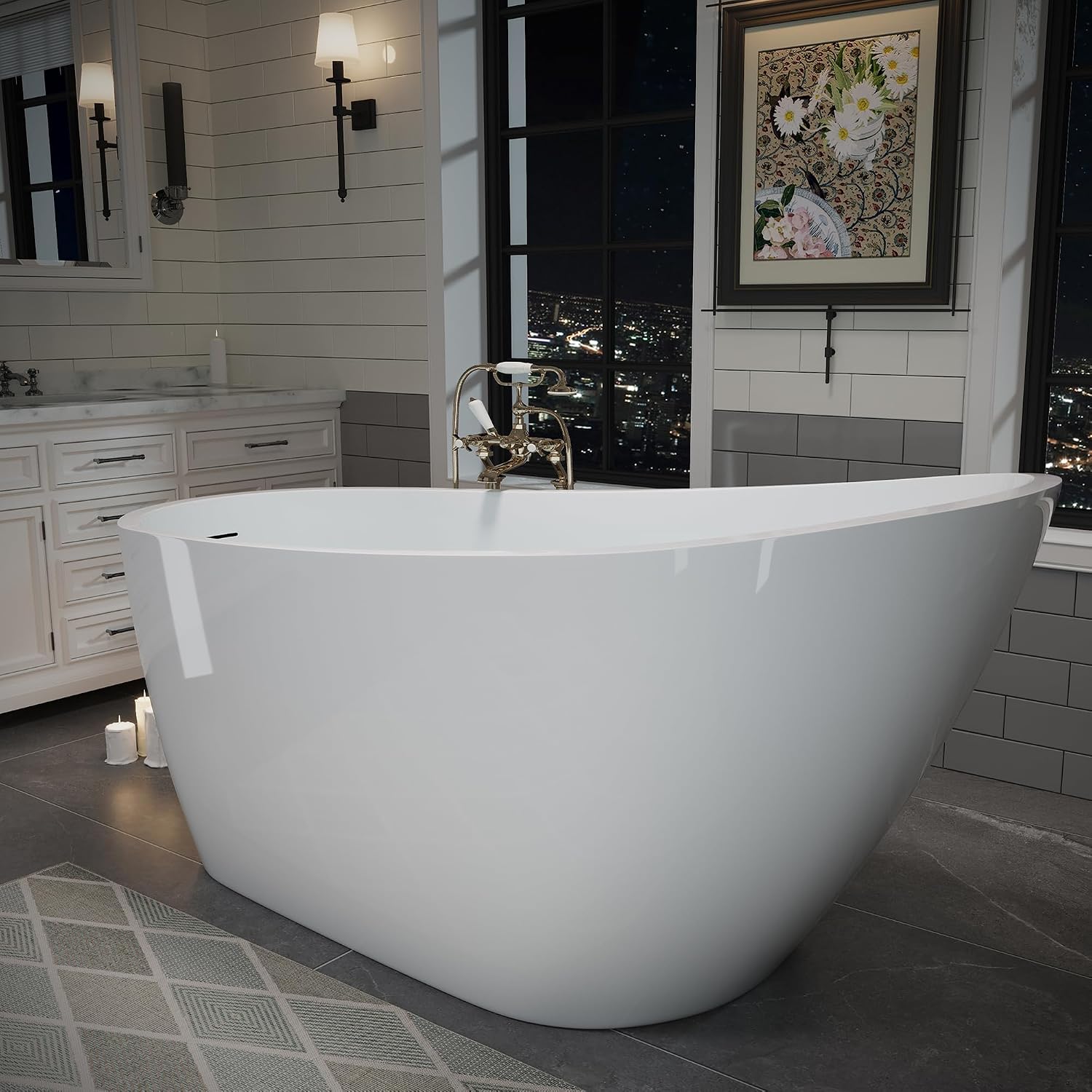 60' Acrylic Freestanding Bathtub, Deep Soaking Bathtub with Pop up Drain Integrated Overflow, Stand Alone Bath Tub for Bathroom Spa or Home Upgrade, Glossy White GF 26A04 60