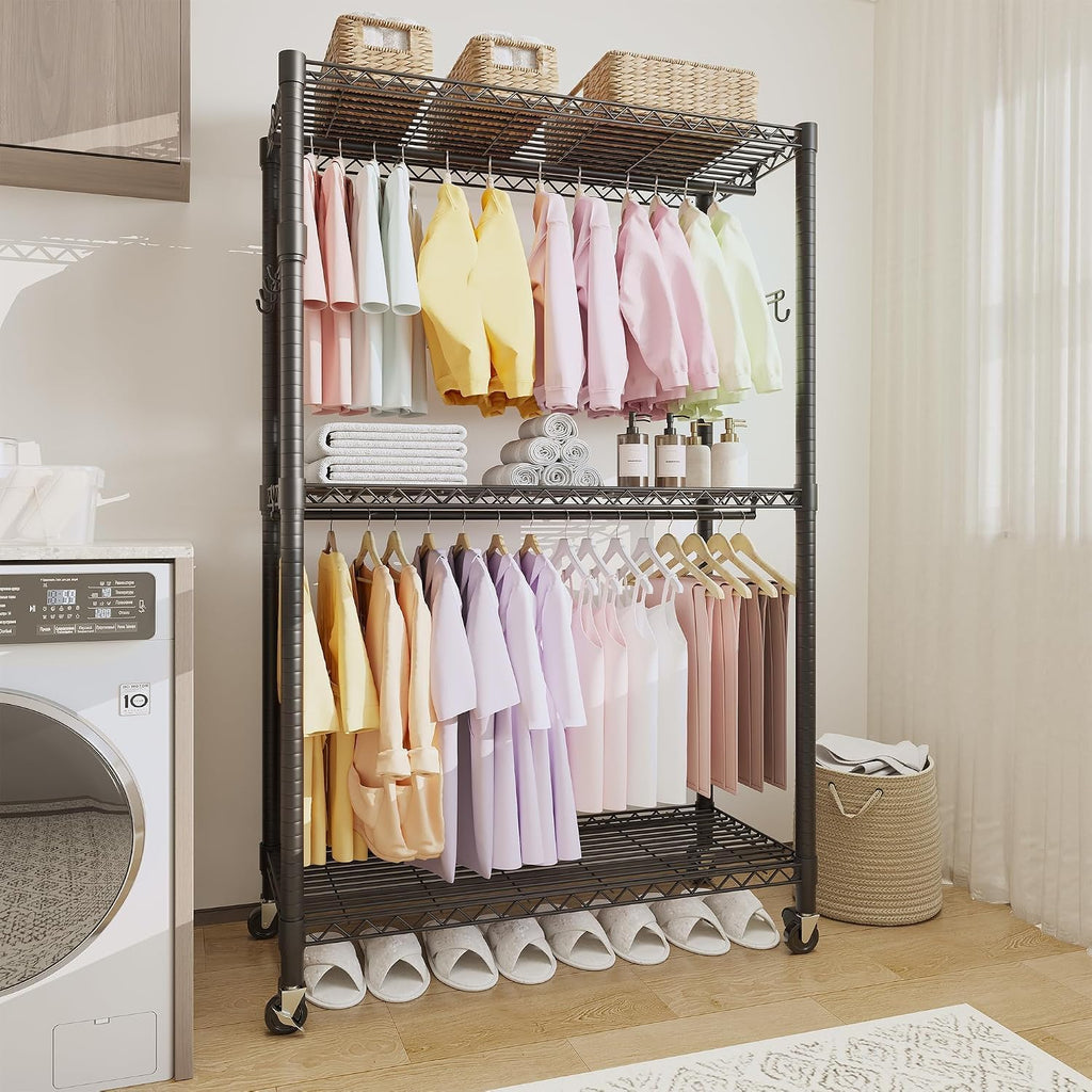 3-Tier Rolling Garment Rack, Heavy Duty Clothing Organizer with Adjustable Shelves & Dual Hanging Rods, Freestanding Metal Rack with Locking Casters for Bedroom, Closet, Dorm, Laundry Room - Black