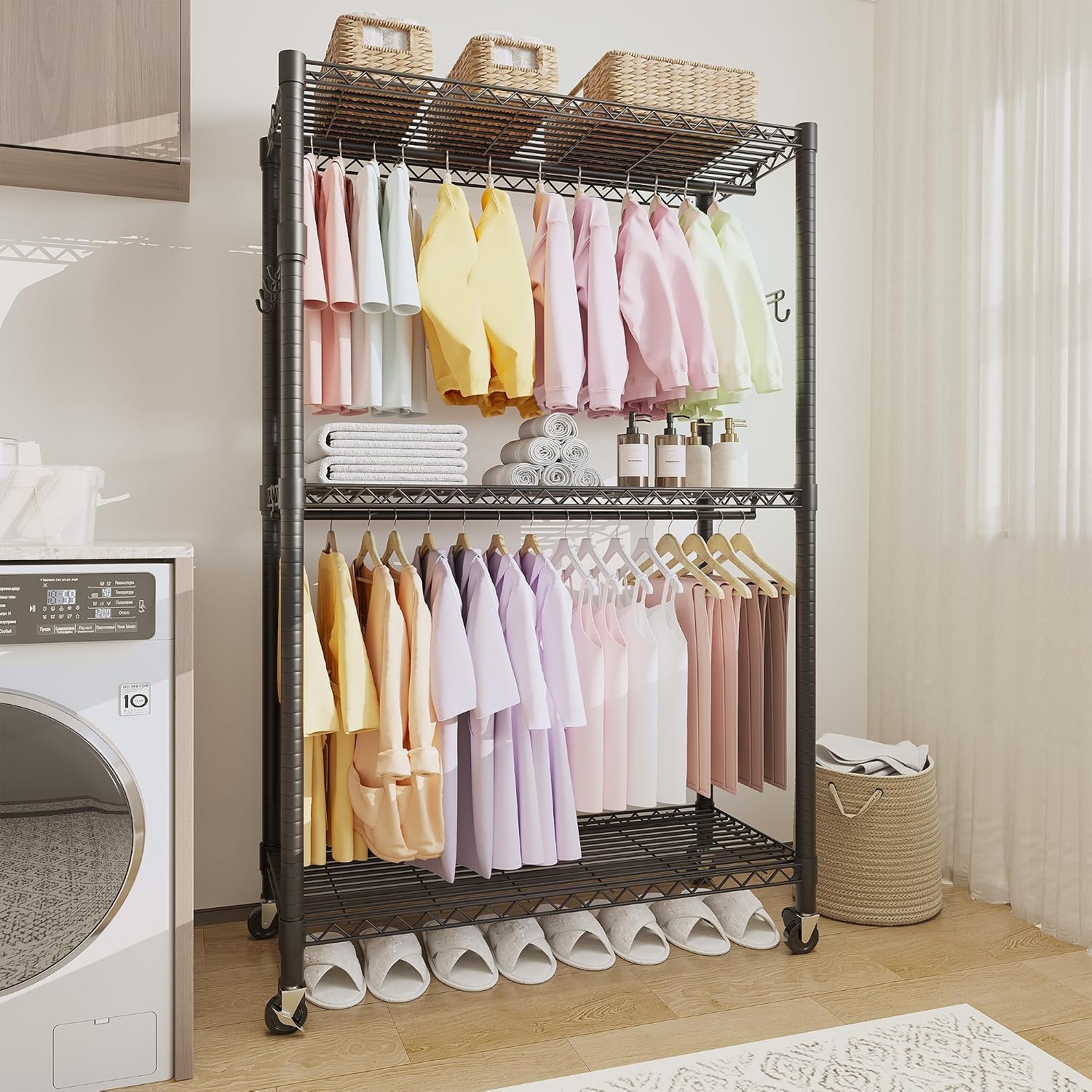 3-Tier Rolling Garment Rack, Heavy Duty Clothing Organizer with Adjustable Shelves & Dual Hanging Rods, Freestanding Metal Rack with Locking Casters for Bedroom, Closet, Dorm, Laundry Room - Black
