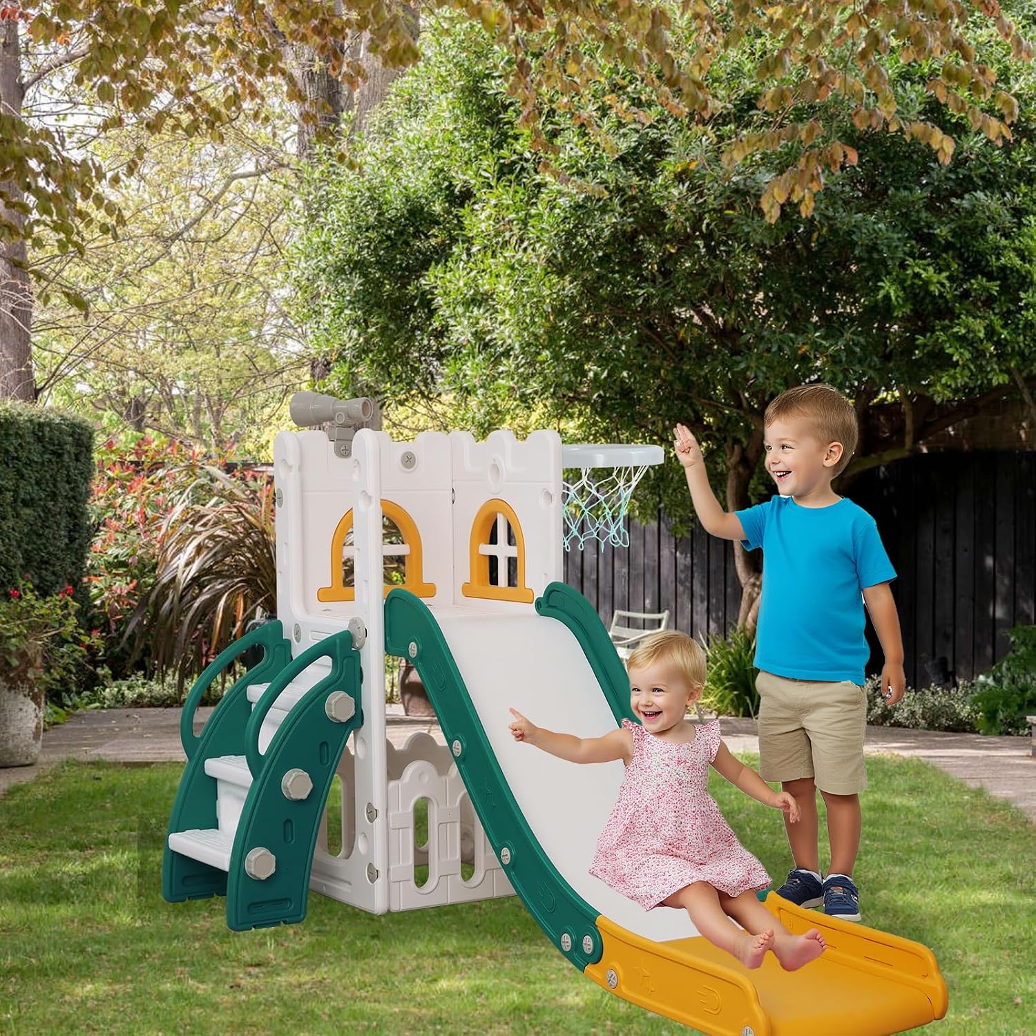 LulliSpace 6 in 1 Toddler Slide,Kids Climber Slider for Indoor Outdoor Playground with Basketball Hoop,Storage and Telescope,L Shaped Slide for Toddler Climber Playset