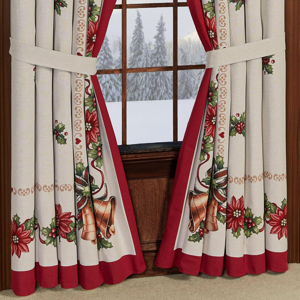 Holiday Bells Luxury Window Treatment | Lightweight Woven Jacquard Tapestry Style Christmas Curtains Valance | Gold Bells Poinsettia Flowers Holly Leaf | Festive Tailored Valance Curtain Pair Drapery