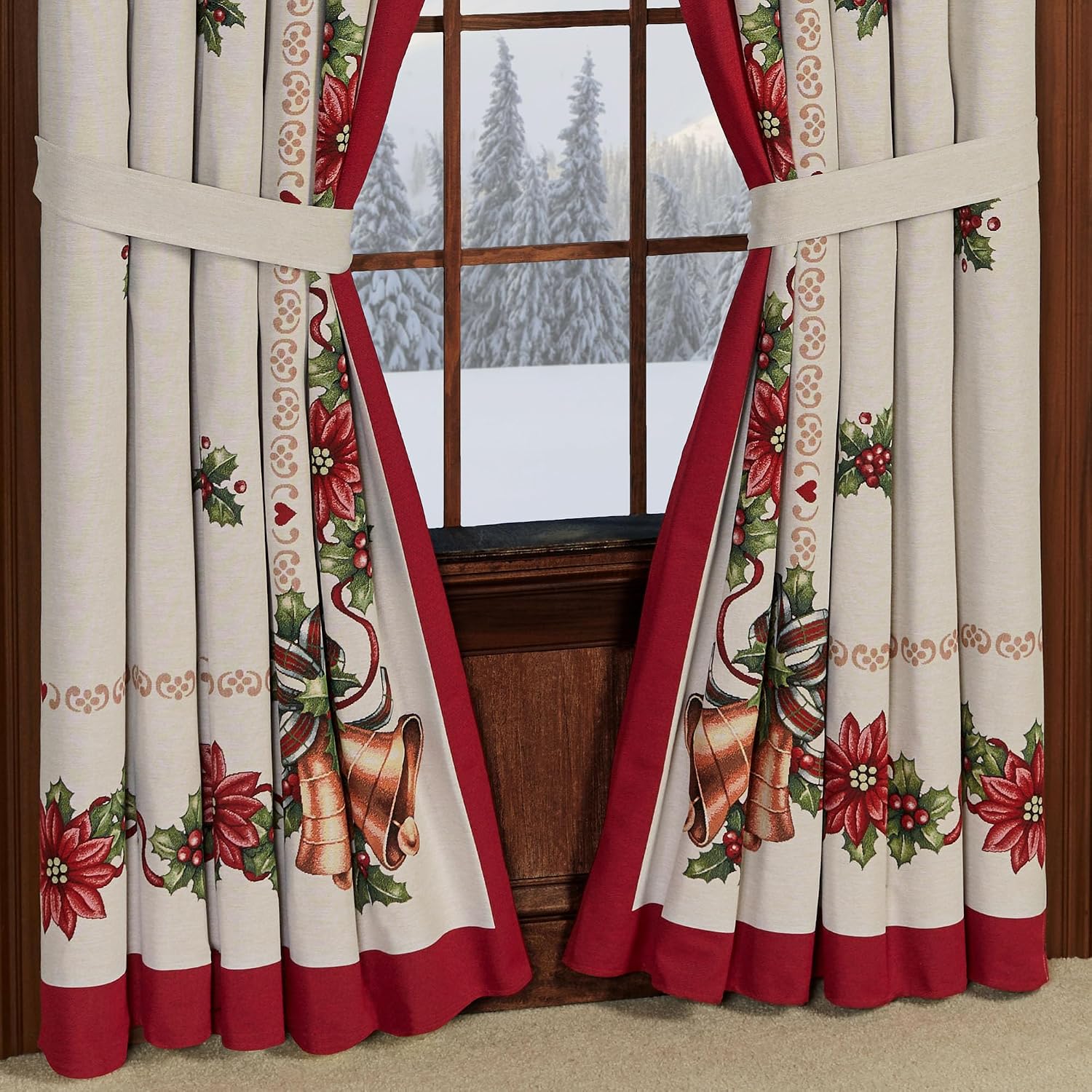 Holiday Bells Luxury Window Treatment | Lightweight Woven Jacquard Tapestry Style Christmas Curtains Valance | Gold Bells Poinsettia Flowers Holly Leaf | Festive Tailored Valance Curtain Pair Drapery