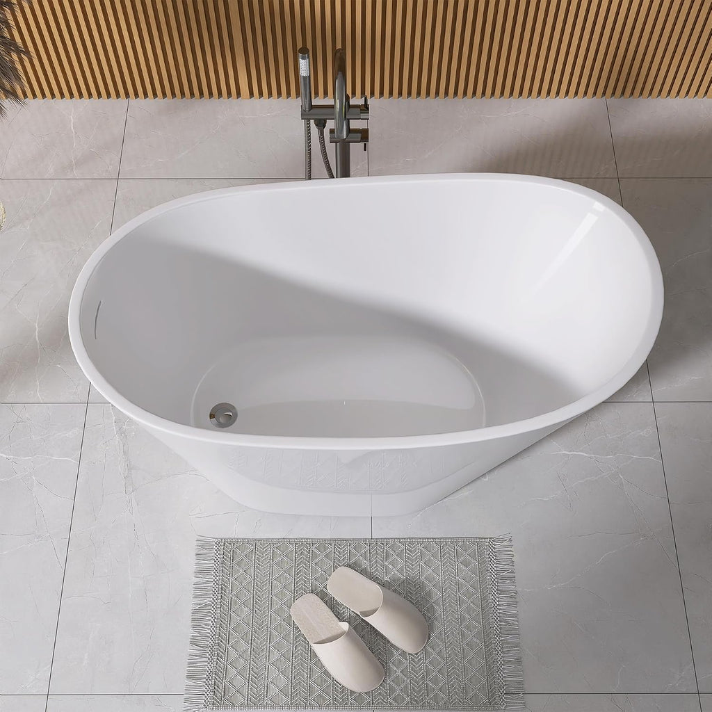 GETPRO Free Standing Tub 51' Deep Soaking Bath Tub, Oval Shape Acrylic Freestanding Bathtub with Integrated Slotted Overflow and Removable Anti-clogging Drain Glossy White
