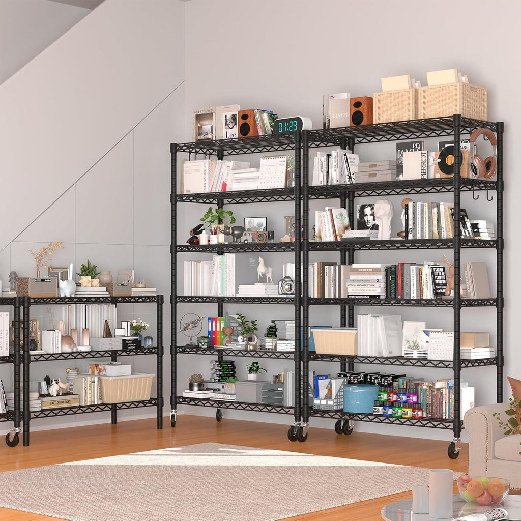 PrimeZone 6 Tier Wire Shelving with Wheels 79''H 1500lbs Storage Shelves NSF Certified Heavy Duty Steel Metal Shelf Adjustable Rolling Rack Kitchen Garage Closet Pantry Laundry 79''HX36''WX16''D 2Pcs