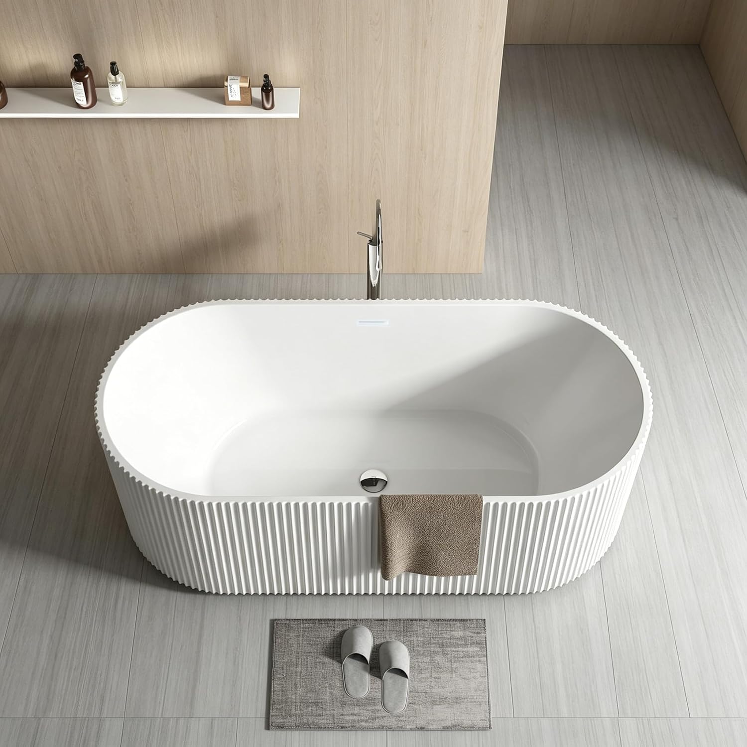 59 Inch Acrylic Freestanding Bathtub, Deep Soaking Tub with Non-Slip Base, cUPC Certified Free Standing Tub, Chrome Drain Bath Tub, Modern Tub for Bathrooms, White