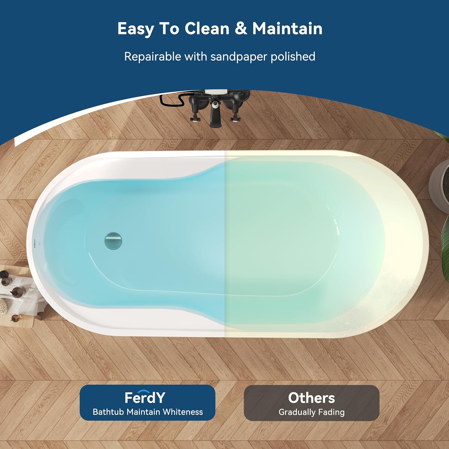 FerdY Lana'i 67' Freestanding Bathtub, Gracefully Shaped Freestanding Soaking tub, Glossy White, cUPC Certified, Brushed Nickel Drain Assembly Included