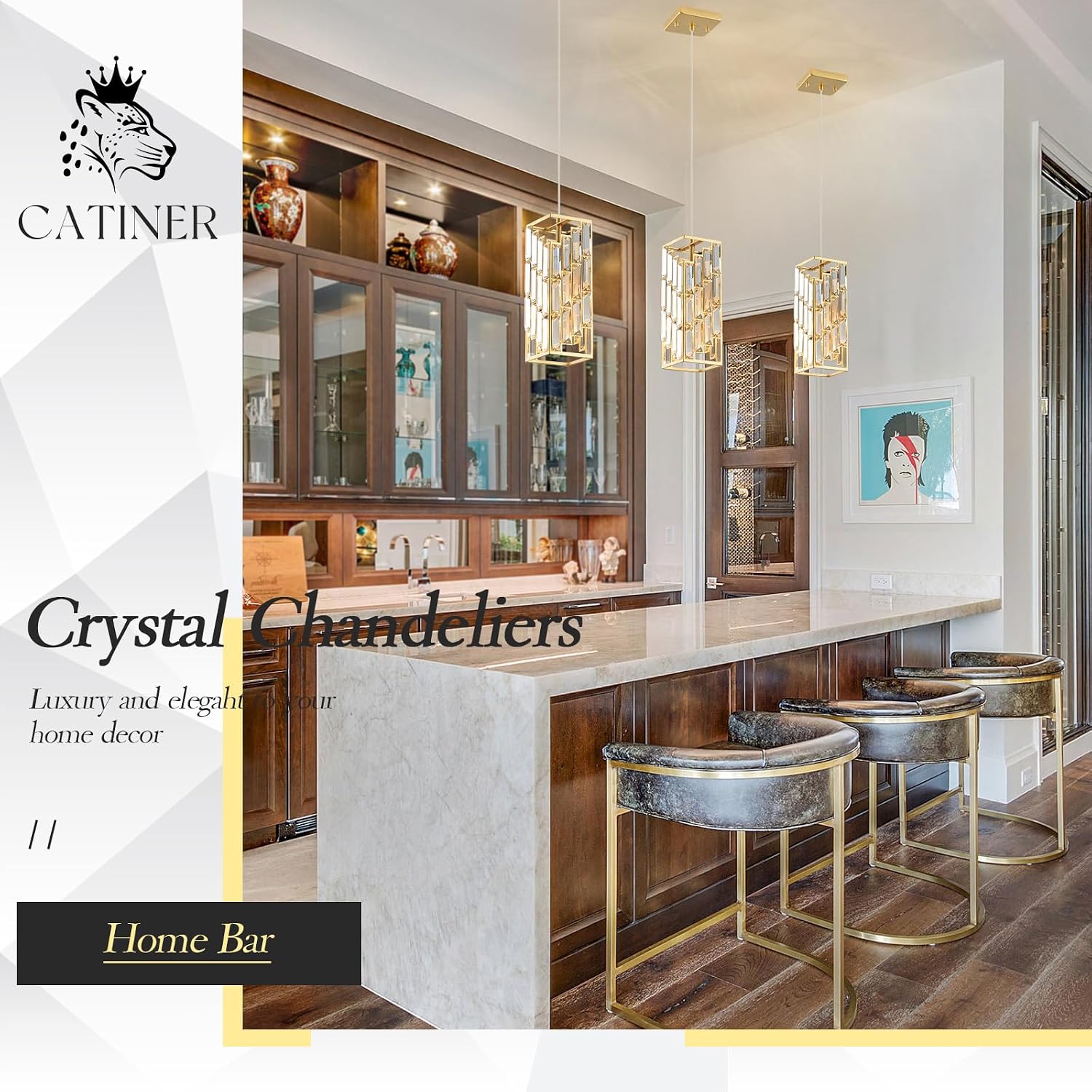 CATINER Gold Crystal Pendant Light 3 Pack, Mini Hanging Pendant Lighting Fixture with Adjustable Cord, Modern Gold Kitchen Island Pendant Lights for Dining Room, Bedroom, Hallway, E26 Base