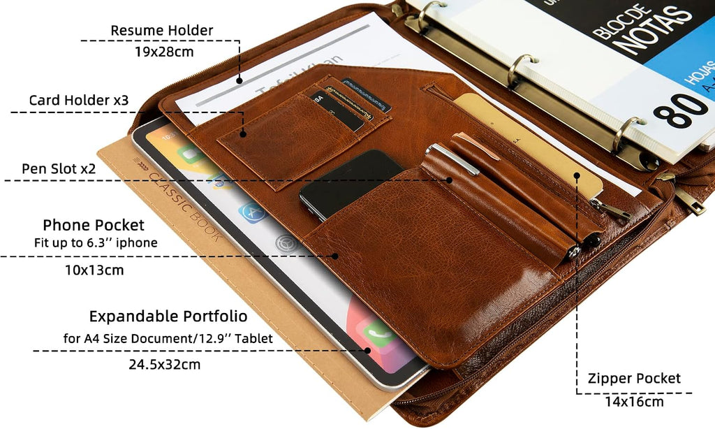 Leather Binder 3-Ring, Oil-Tanned Portfolio with Notepad, Engraved Padfolio Personalized for iPad/Laptop, Business Gift for Men/Women (Brown, Non-Custom)