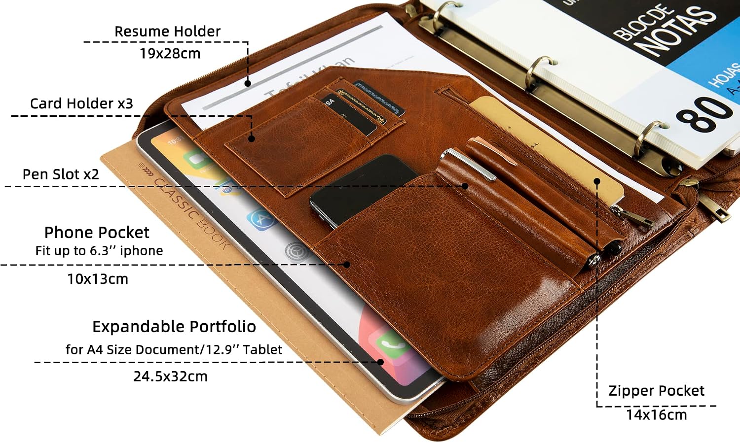 Leather Binder 3-Ring, Oil-Tanned Portfolio with Notepad, Engraved Padfolio Personalized for iPad/Laptop, Business Gift for Men/Women (Brown, Non-Custom)