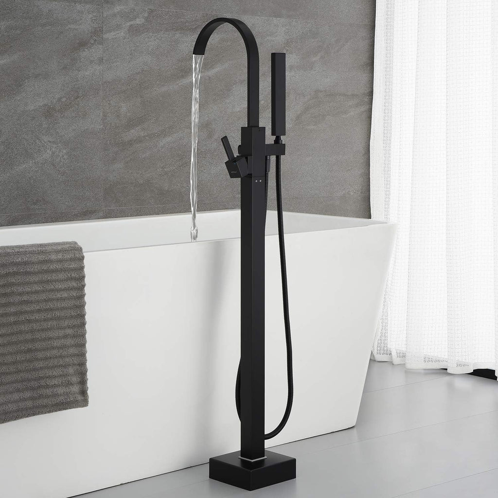 Freestanding Bathtub Faucet Tub Filler Black Floor Mount Single Handle with Hand Shower