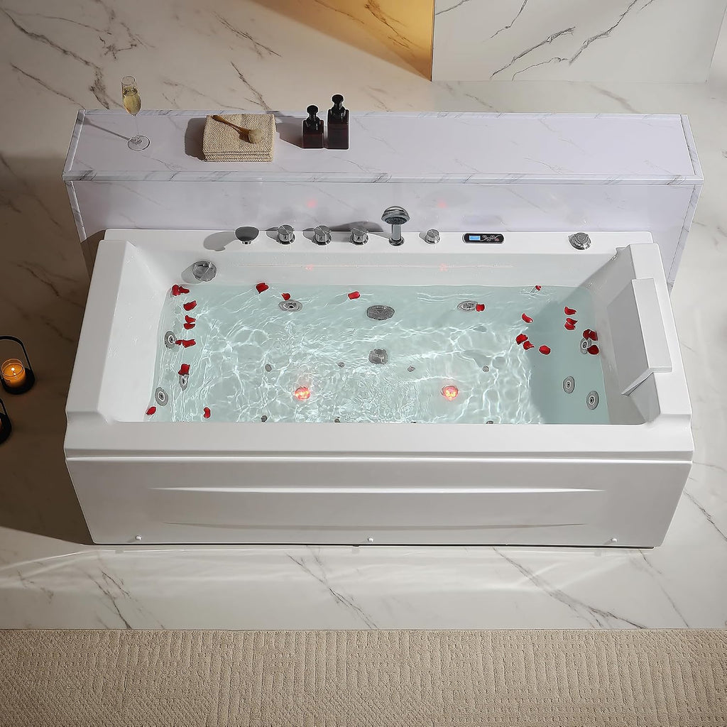 Empava Acrylic Whirlpool Bathtub, 71-Inch Jetted Bathtub with Healing Chromotherapy, Heated Soaking Tub with LED Control Panel, Comforting Hydro Massage Tub with Waterfall Joy, Black Pillow