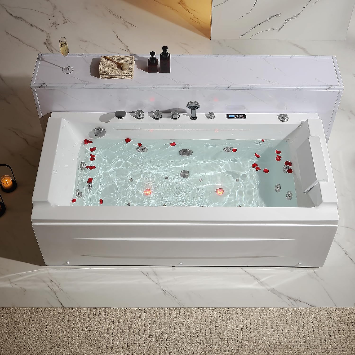 Empava Acrylic Whirlpool Bathtub, 71-Inch Jetted Bathtub with Healing Chromotherapy, Heated Soaking Tub with LED Control Panel, Comforting Hydro Massage Tub with Waterfall Joy, Black Pillow