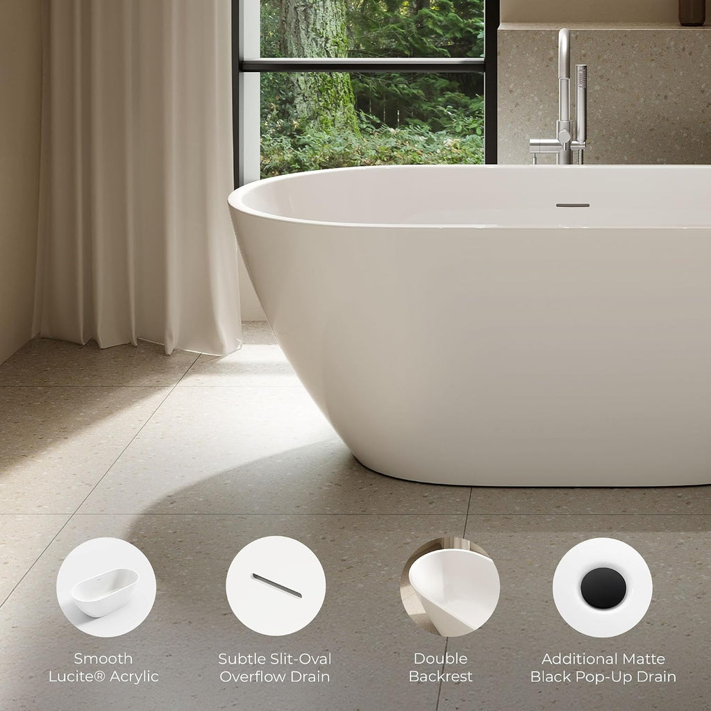 OVE Decors Ayago 59 in. Solid Surface Freestanding White Acrylic Soaking Bathtub, with Overflow and Matte Black Pop-up Drain