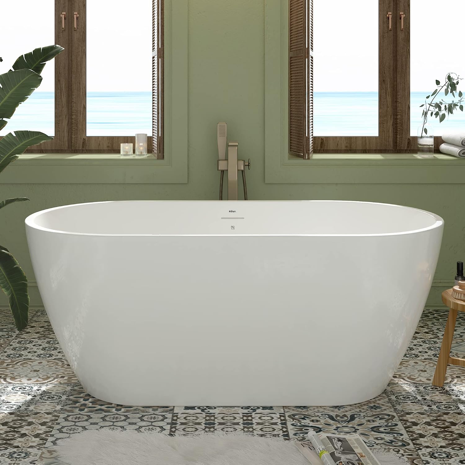 FerdY 59' Bali Elite Acrylic Freestanding Bathtub with Headrest, Gracefully Shaped Soaking Bathtub, cUPC Certified, Toe-Tap Brushed Nickel Drain & Overflow & Bath Pillow Included